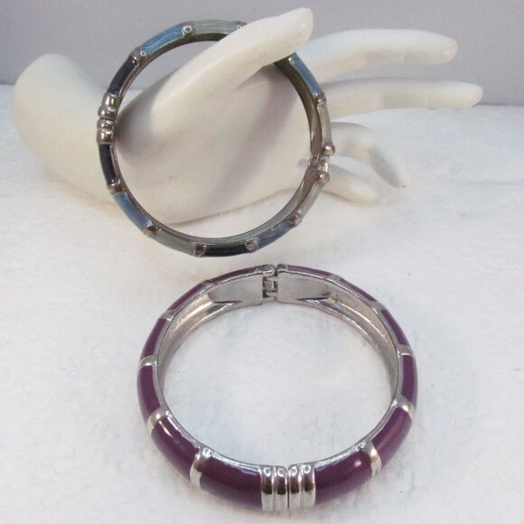 Enamel Bamboo Style Hinge Bracelets Set of 2 Purple and Green Blues - Picture 14 of 16